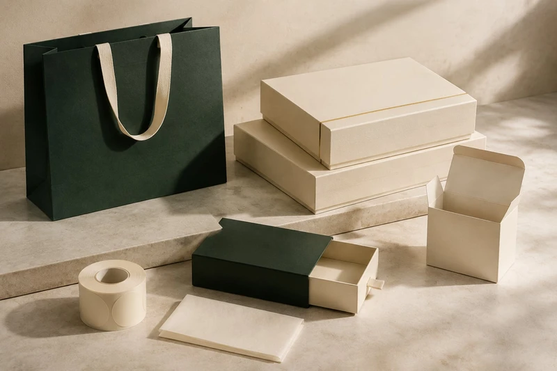 Un conjunto coordinado de cajas, bolsas de papel y detalles de packaging