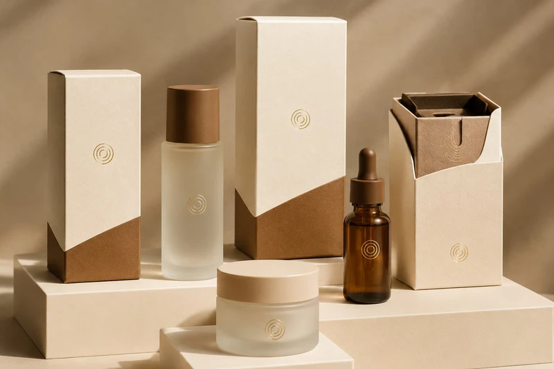 Cajas para productos de cuidado de la piel coordinadas en color crema y kraft, con etiquetas a juego para botellas
