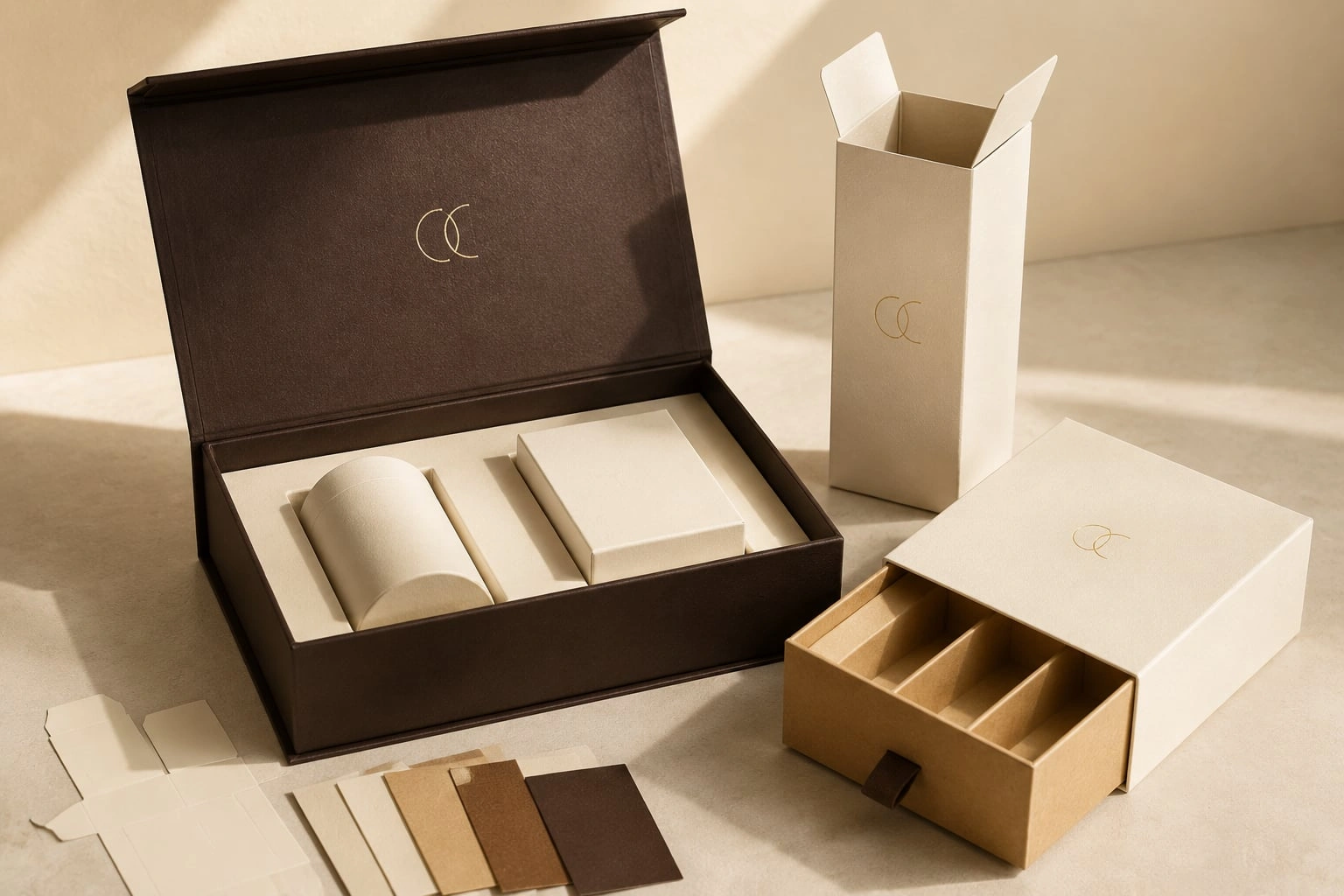 Una colección coordinada de cajas de embalaje personalizadas en color crema, kraft y marrón