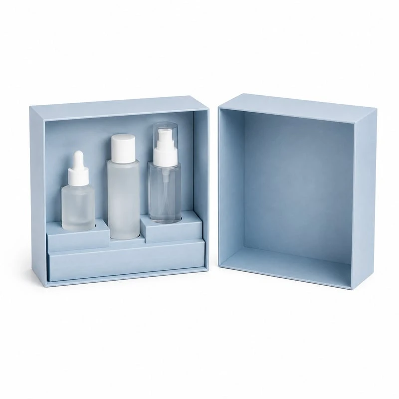 Caja con tapa y base para trío de cuidado de la piel